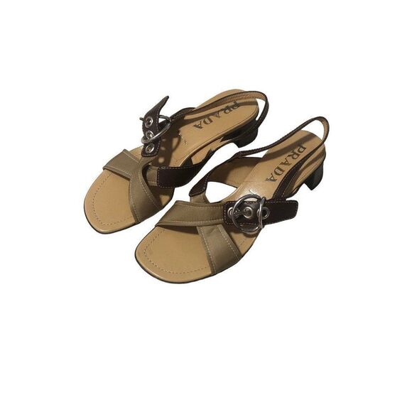 PRADA Sandals Crisscross Slingback Heels Leather Nylon Brown Size 36.5 - Picture 1 of 9